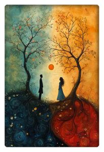 A symbolic artwork of two figures standing beneath opposing trees, one in cool blue tones and the other in warm orange, with roots intertwining beneath them and a sun centered above.