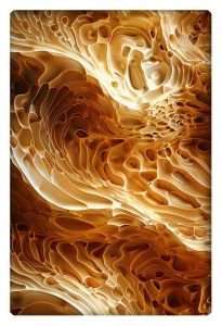 An abstract artwork with organic, flowing layers in warm amber and beige tones, resembling intricate dunes or carved stone.