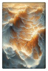 A three-dimensional abstract artwork depicting turbulent golden and white waves, resembling molten gold flowing through a stormy sea.