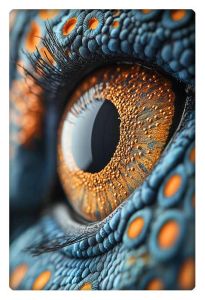 A close-up of a vibrant, textured eye with intricate patterns in blue and orange, resembling reptilian or otherworldly features.