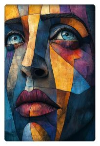 A striking abstract portrait of a woman's face, composed of vibrant, geometric shapes and rich textures, with piercing blue eyes.