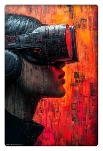 A futuristic artwork of a person wearing VR goggles, set against a vibrant red and orange digital backdrop.A futuristic artwork of a person wearing VR goggles, set against a vibrant red and orange digital backdrop.