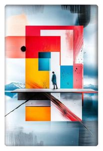 An abstract artwork featuring a person standing before vibrant geometric blocks in red, blue, yellow, and white, set against a surreal, reflective landscape.