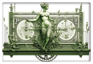 Elegant illustration of a dollar bill reimagined with a central goddess figure, surrounded by intricate details of compasses, flora, and architectural elements.