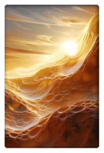 An abstract depiction of golden sand dunes illuminated by sunlight, with fluid, wave-like textures and warm amber tones.