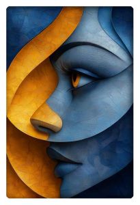 A stylized portrait of a woman with blue and gold abstract shapes forming her face, featuring a striking golden eye.