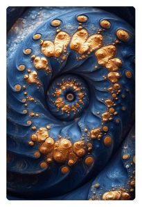 A mesmerizing fractal artwork featuring a swirling spiral pattern in deep blue with intricate gold accents.