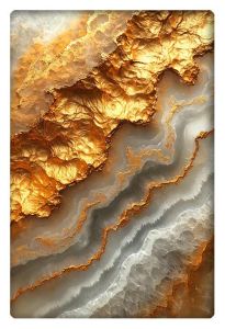 A three-dimensional abstract artwork with textured golden veins flowing through layers of gray and white, resembling mineral formations.