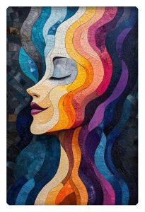 A vibrant mosaic artwork of a serene female profile with flowing colorful waves, symbolizing tranquility and self-expression.