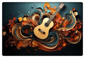 A guitar rests amid swirling patterns of autumn leaves, creating a vibrant, harmonious blend of music and nature.