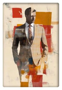 An artistic portrait of a man in a suit, blending realism and abstract shapes in warm shades of red, orange, and beige.