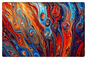 A close-up of an abstract painting featuring vibrant swirls of red, orange, blue, and gold, resembling molten lava and ocean waves intertwined.