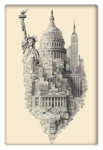 A black and white illustration combining iconic American landmarks, including the Statue of Liberty, U.S. Capitol, and skyscrapers in a single architectural structure.