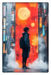 A surreal urban artwork featuring a young person standing in a foggy alleyway, facing a towering, vibrant red wall adorned with large glowing circles and surrounded by neon signs.