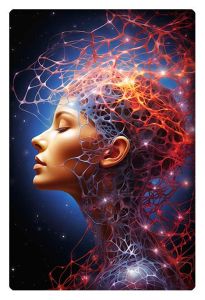 A surreal portrait of a woman with her profile enveloped in a glowing, web-like network, symbolizing connectivity and cosmic energy.