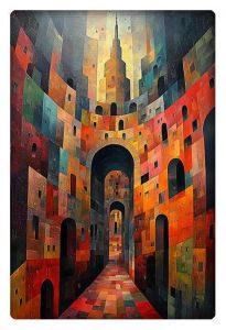 An abstract architectural painting featuring towering structures with vibrant, multi-colored geometric patterns and arched pathways leading to a central tower.