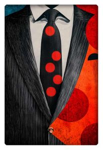 An abstract artwork of a suited figure with a polka-dot tie and vibrant geometric red shapes, blending classic and modern styles.