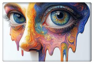 A surreal close-up of a human face with colorful, swirling psychedelic patterns melting from the eyes.