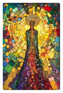 A vibrant mosaic-style AI artwork depicting a figure surrounded by a colorful, glowing aura of intricate, radiant tiles.