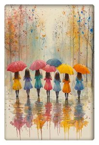 A whimsical watercolor painting of six girls holding colorful umbrellas, standing in a reflective puddle with autumn trees in the background.