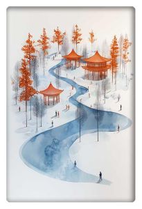 A minimalist watercolor painting of a tranquil park with red pavilions, winding blue stream, and trees with orange foliage against a snowy landscape.