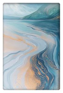 An abstract painting of a calm shoreline with swirling blue, teal, and sandy beige tones, evoking the flow of water and sand.