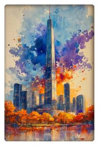 A watercolor-style painting of a towering skyscraper surrounded by modern buildings and autumn trees, with vibrant splashes of blue, purple, and orange in the sky.