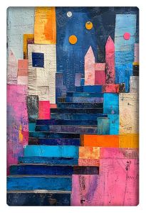 An abstract mixed-media artwork featuring vibrant geometric shapes and a staircase leading upward, with colorful blocks in pink, blue, and yellow.