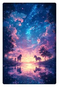 A serene fantasy landscape with horses by a reflective water surface under a vibrant, star-filled sky at sunset.