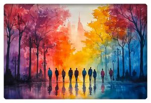 An abstract watercolor painting depicting silhouettes of people walking through a colorful forest. The trees are vibrant shades of red, orange, yellow, and blue, creating a gradient effect.