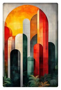 An abstract mural of tall, arch-like shapes in warm yellow, orange, green, and red tones, symbolizing a sunrise over architectural forms with lush plants at the base.