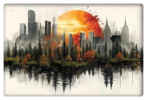 A digital artwork blending a modern city skyline with a lush forest and a fiery, setting sun reflected below, symbolizing the merging of nature and urban life.