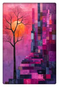 A vibrant collage-style artwork with a geometric pathway of pink and purple tones leading to a tree silhouetted against a large orange sun.