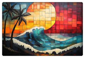 A vibrant, mosaic-style artwork featuring a crashing wave, silhouetted palm trees, and a large sun setting on the horizon.