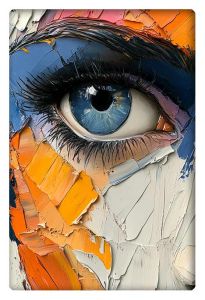 A close-up abstract painting of a blue eye with thick, textured knife strokes in shades of blue, orange, and white.