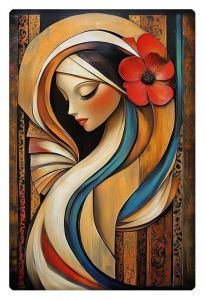 A stylized portrait of a woman with a large red flower in her hair, wrapped in flowing, abstract shapes in earthy and warm tones.