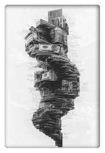 A black and white illustration of a spiral tower composed of banknotes and architectural structures, symbolizing financial growth and urban development.