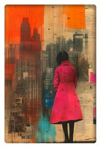 A collage-style artwork featuring a woman in a red coat looking at a cityscape, with layered newspaper textures and vibrant orange and blue accents.