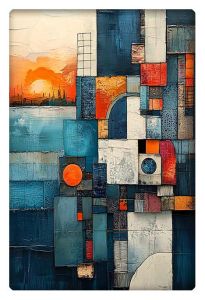 An abstract mixed-media artwork featuring geometric shapes in blue, orange, and white, with a sunset and cityscape in the background.