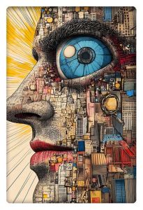 A surreal portrait of a face with a large blue eye, made up of intricate cityscape elements and architecture, radiating light.