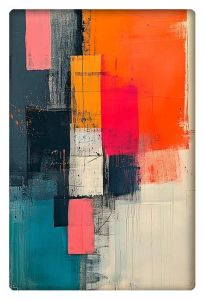 An abstract mixed-media painting featuring bold blocks of color in pink, orange, blue, and black with textured brushstrokes.