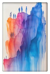 A minimalist watercolor artwork showing silhouettes of people standing on vibrant cliffs that blend from orange to purple to blue, giving a surreal, ethereal effect.