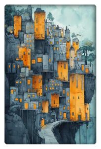 A mystical AI artwork of a cliffside village with warm glowing windows, set against a cool, misty background.