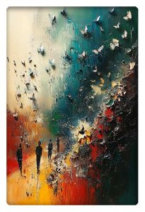 An abstract painting of people walking along a vibrant path, surrounded by colorful textures and butterflies in flight.