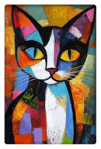 A vibrant Picasso-style painting of a cat with large yellow eyes, composed of colorful geometric shapes in hues of blue, orange, pink, and green.