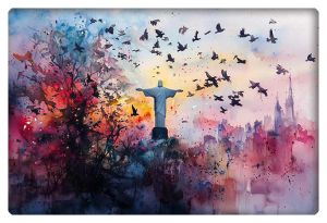 A watercolor-inspired artwork depicting the Christ the Redeemer statue in Rio de Janeiro, surrounded by flocks of birds in flight against a vibrant sunset skyline.